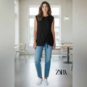 NWOT, ZARA, Fitted Tunic With Ruched Detailing & Laces, Small, Black